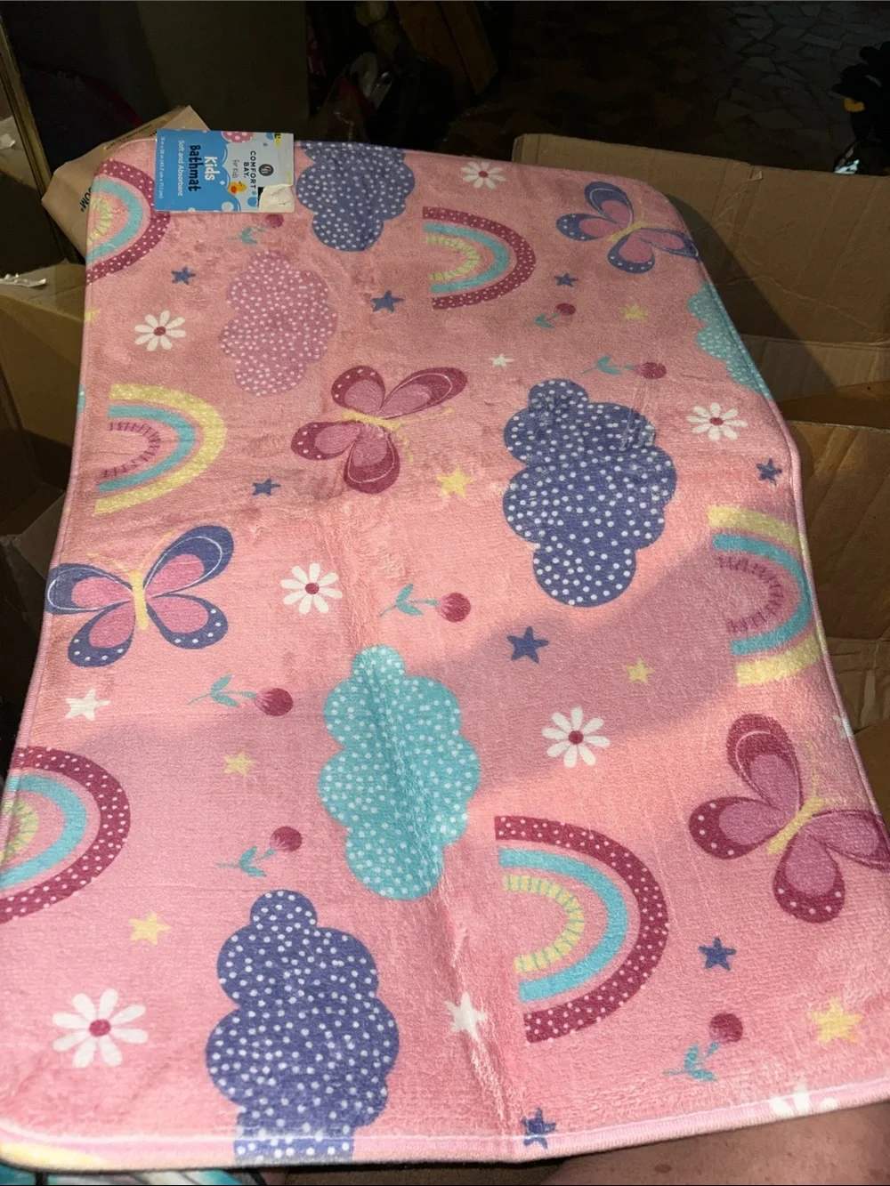 Pink Kids bath mat with Rainbows, Clouds & Butterflies
